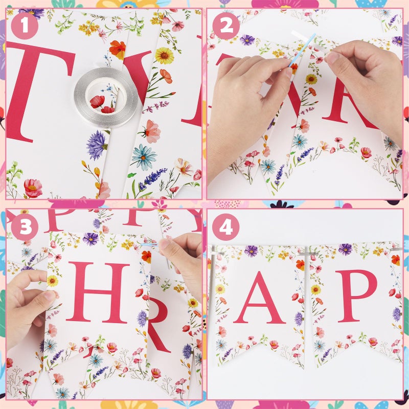 Atiloy Wildflower Birthday Decoration Wildflower Happy Birthday Banner Wildflower Garland Wildflowers Sign, Wildflower Theme Birthday Banner Party Favors Pink Sign for Girls Women - Image 5